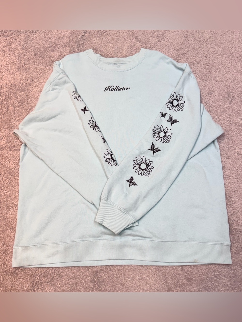 Hollister Pale Blue Crewneck Sweatshirt with Black Floral Sleeve Embroidery